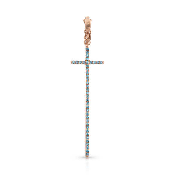 Dominique Cohen tall narrow diamond cross enhancer, hinged bail, in blue diamonds and 18k rose gold <span class='visuallyhidden'>Call, text 323-404-2959 for shopping help.</span>